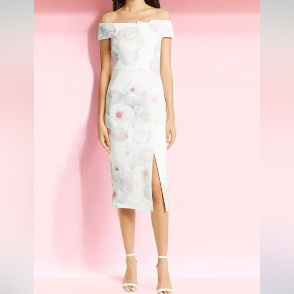 Ted Baker London Floral Off-The-Shoulder Midi Sheath Dress - Size 3